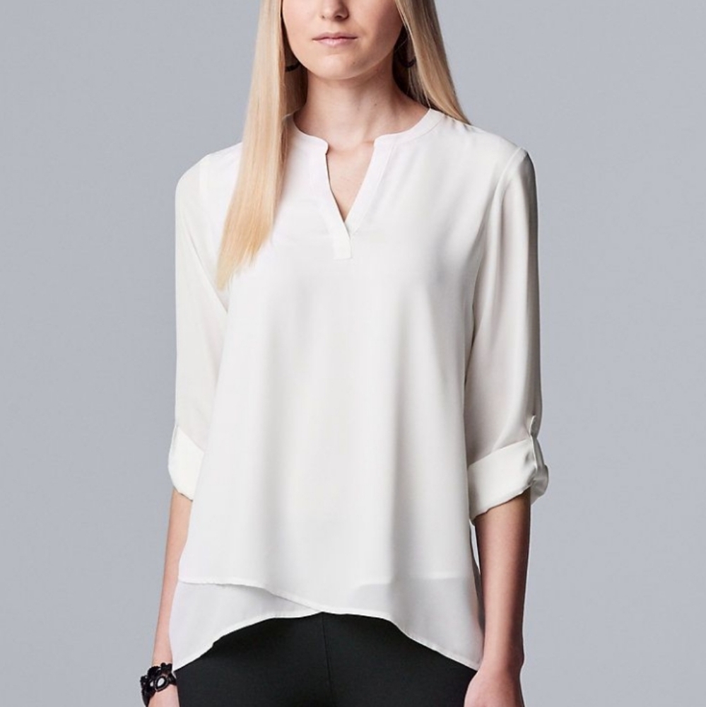 NWOT {Vera Wang} Roll-tab Sleeve Popover Blouse XS